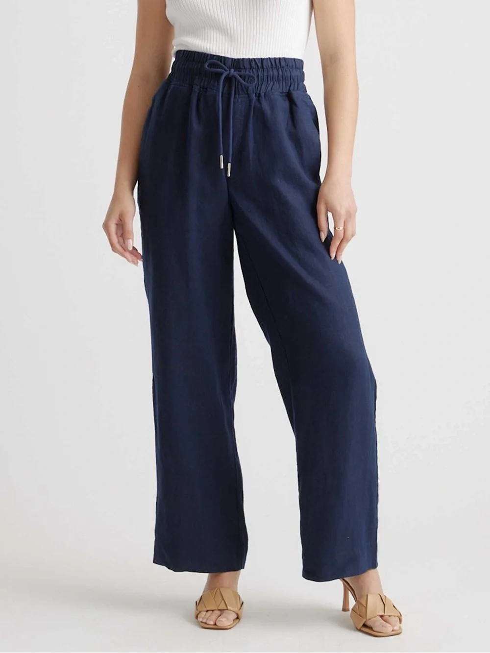 Quince 100% European Linen Wide Leg Pants Blue Relaxed Trousers Large Drawstring